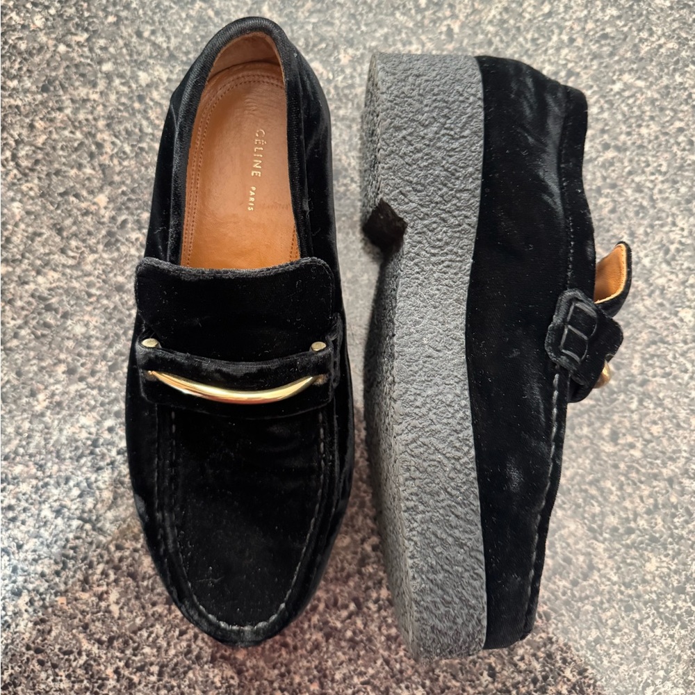 Celine Black Velvet Platform Loafers